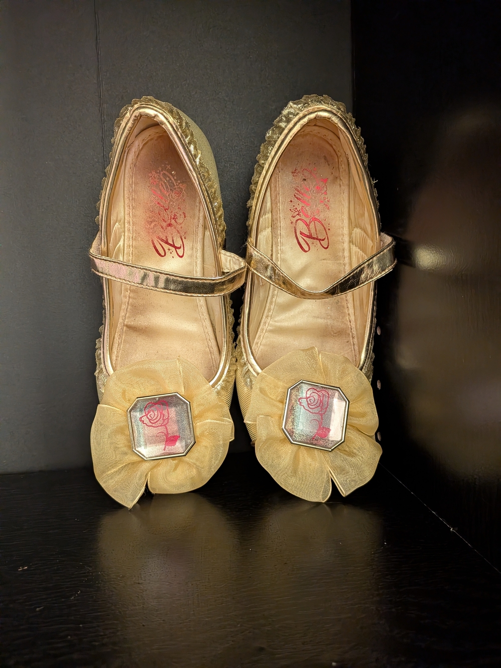 Disney Girls Gold Mary Jane Flats with Flower Medallion